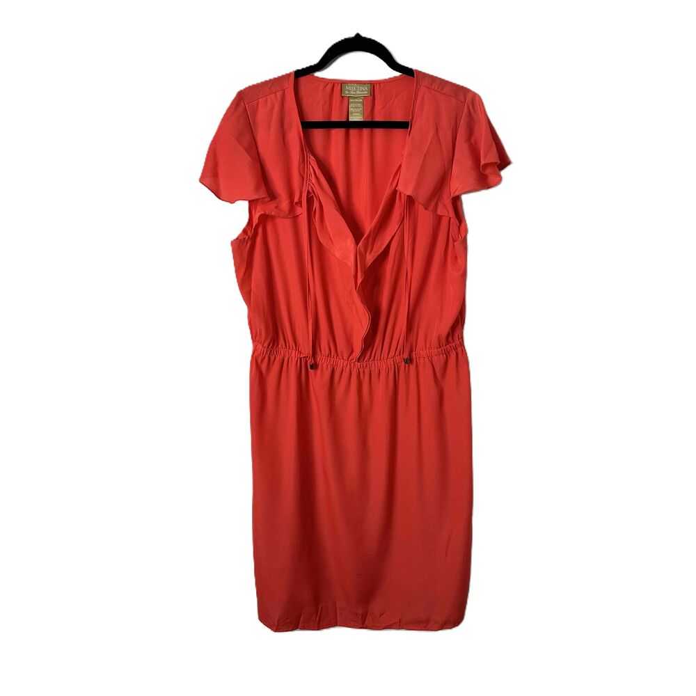 NWT Miss Tina Dress Womens Size XXL Fresh Coral V Neck Short Sleeve Ruffled